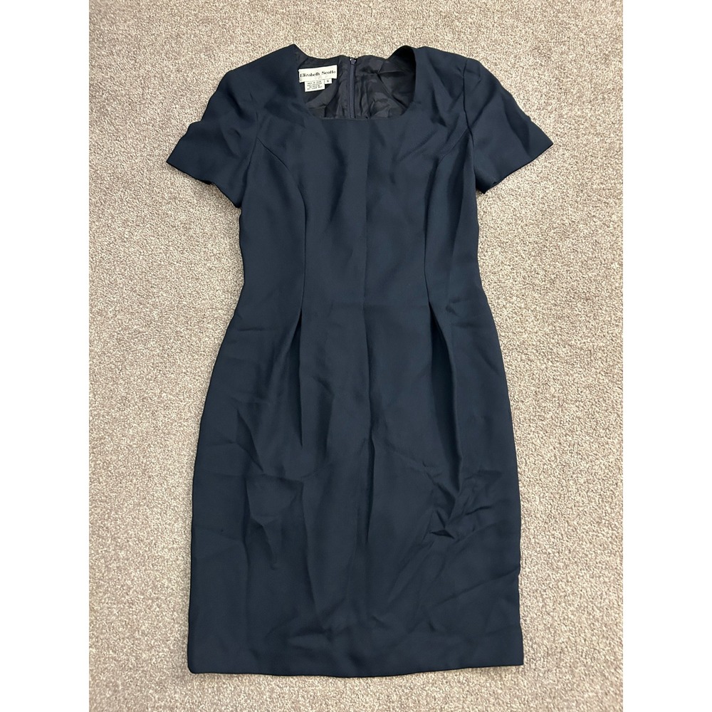 90s Style Elizabeth Scot Sheath Dress Women 6 Navy Blue Square Neck Short Sleeve